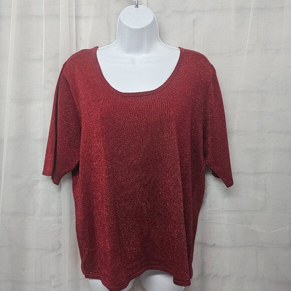 Patchington Tee Blouse Knit Red Metallic Silk Blend Glam Bling Layering L - Picture 10 of 10